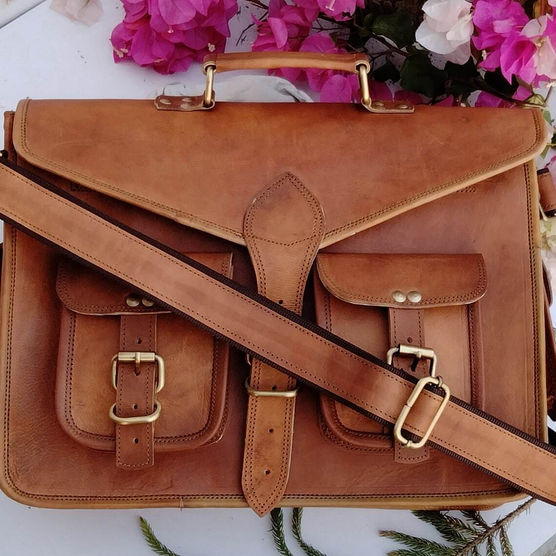Genuine Tanned Leather Men's Laptop Bag Crossbody Messenger Briefcase School Bag