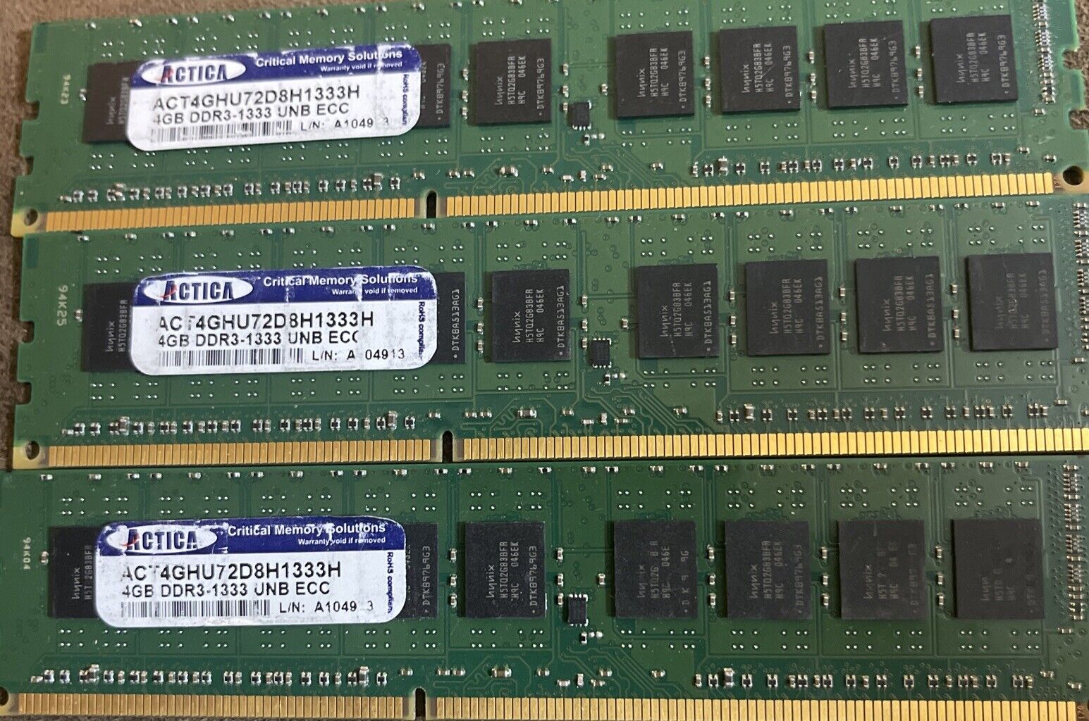 Lot Of 3 Actica 4GB DDR3-1333 UNB ECC Memory ACT4GHU72D8H1333H (3x4Gb=12Gb)