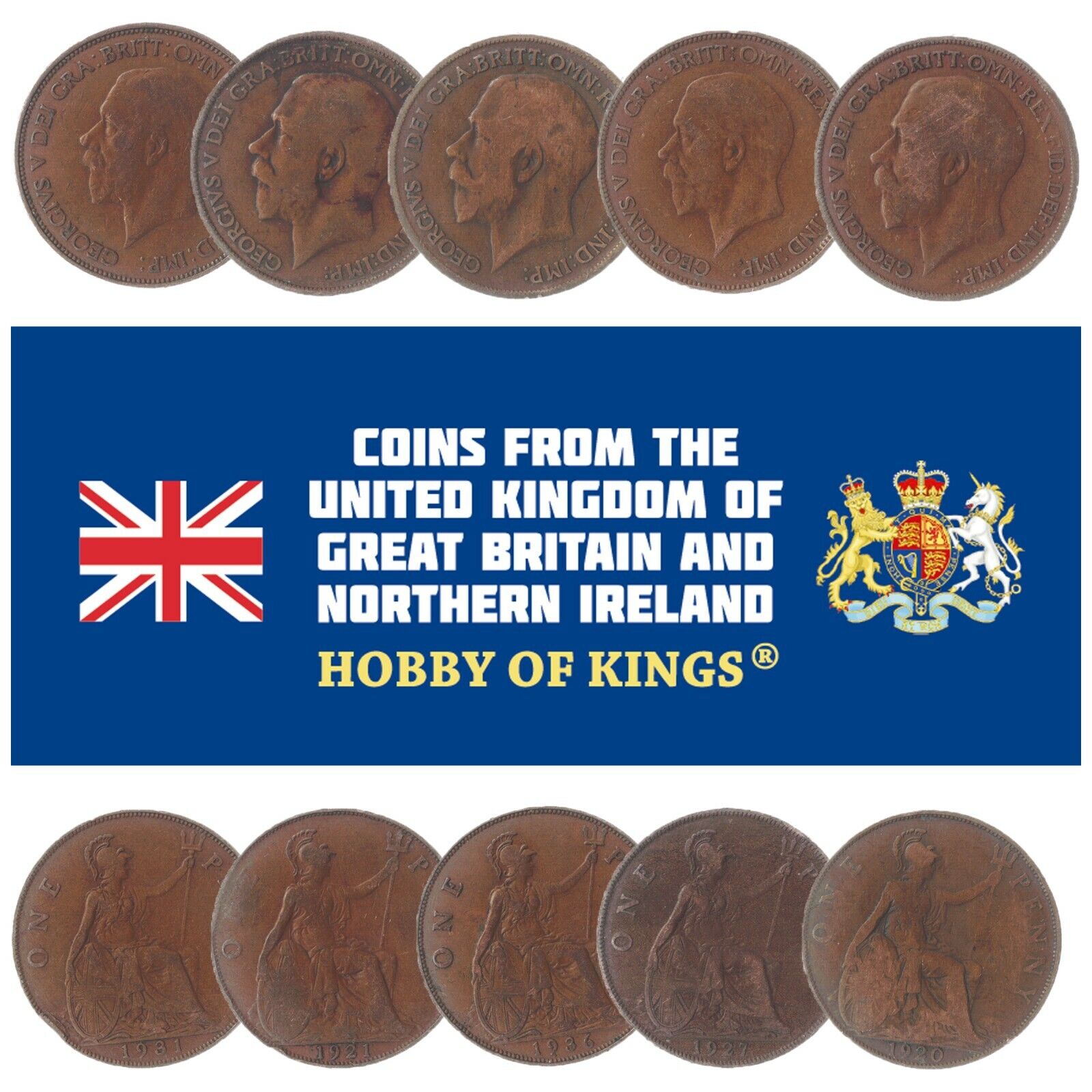 LOT OF 10 GREAT BRITAIN UNITED KINGDOM 1 PENNY COINS, KING GEORGE V 1911 - 1936