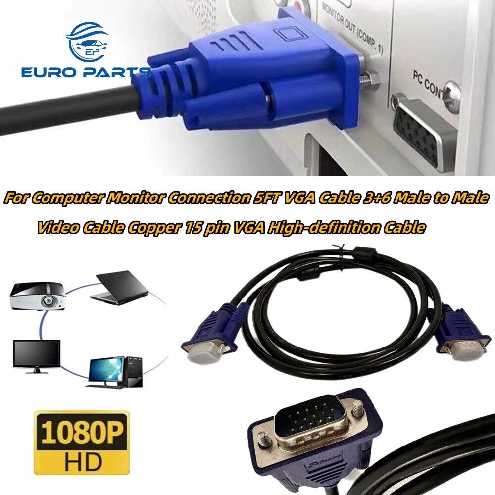 For Computer Monitor Connection 5FT VGA Cable 3+6 Male to Male Video Cable 15PIN