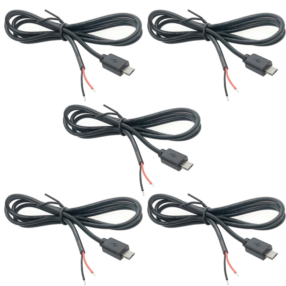 5Pcs 3.2Ft 22AWG Micro USB Male 2Pin Pigtail Cable 3A 5V USB Micro-B 2 Core B...