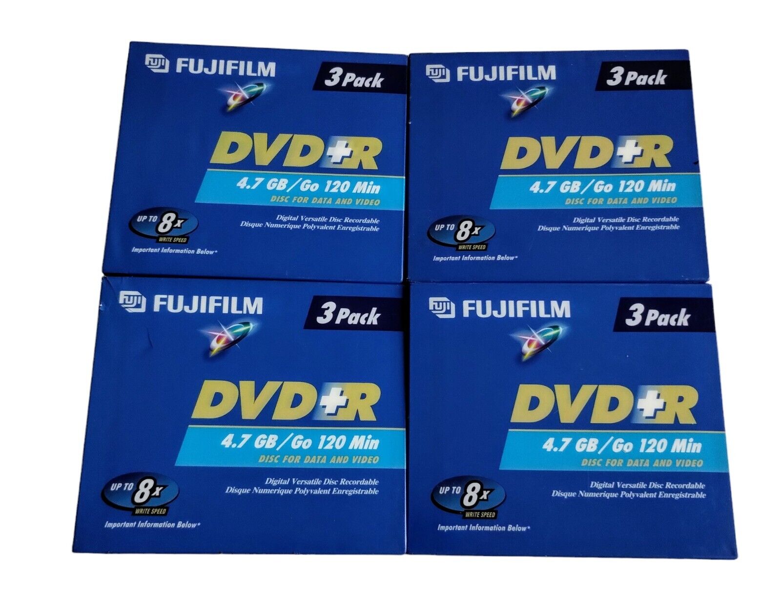 (LOT OF 4) Fujifilm DVD+R Discs For Data Video 4.7 GB/Go 120 Min 3 Pack New