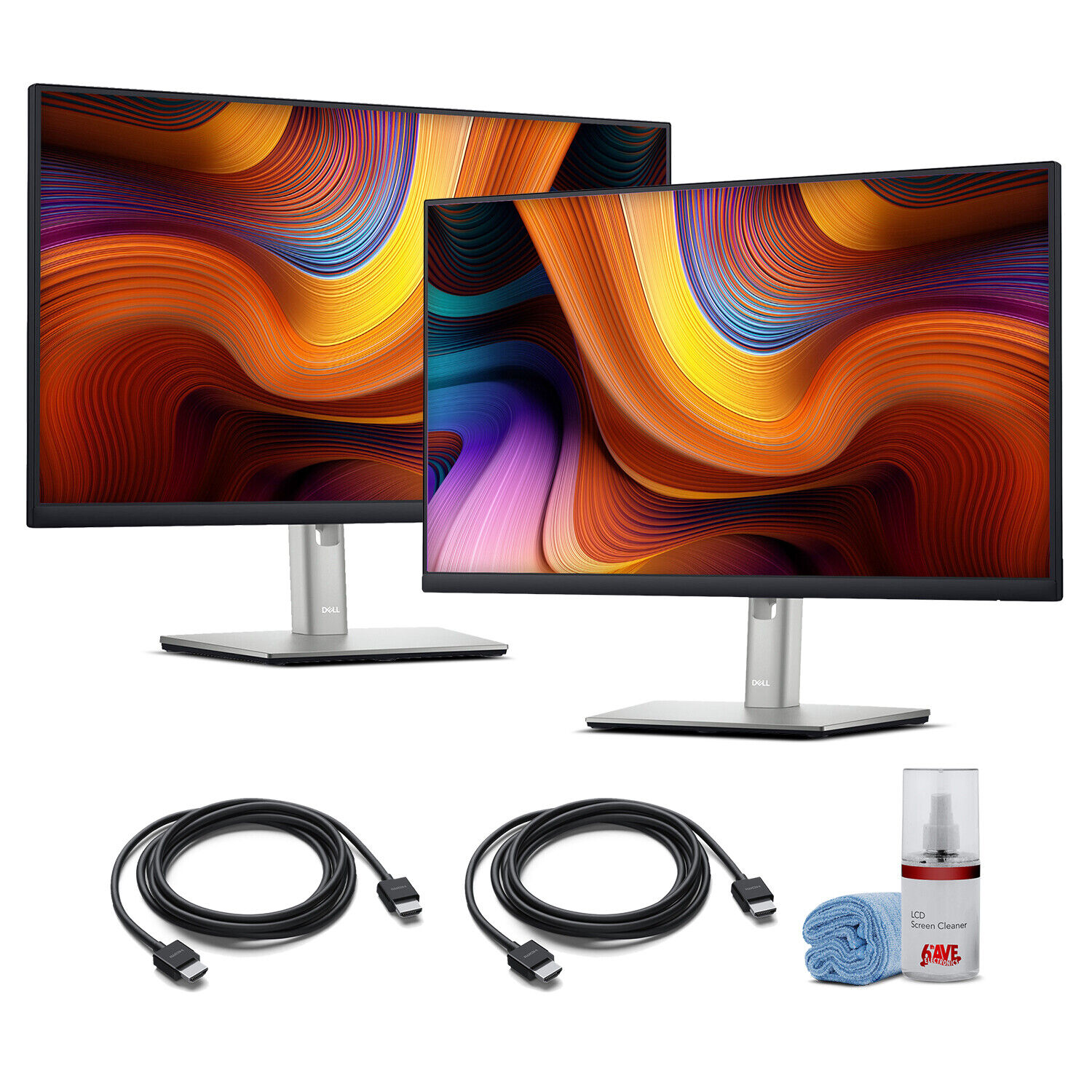 2 x Dell Full HD 1080p, 16:9 IPS Monitor  + 2 x HDMI Cable + LCD Cleaning Kit