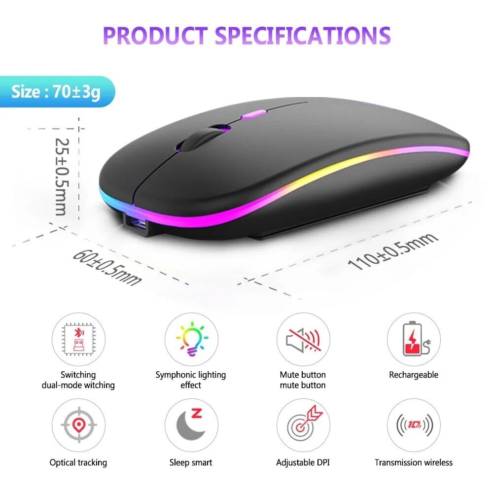 Wireless Mouse Bluetooth 2.4GHz Dual Modes Rechargeable RGB Ergonomic Silent