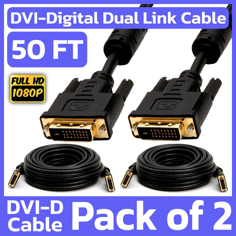 2 Pack DVI Cable 50 Feet DVI-D Dual-Link Male to Male Cord Digital Monitor Cable