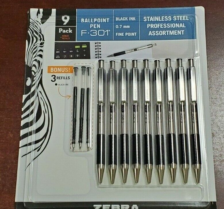 9 Zebra F301 F-301 Ball Point Pen Black Ink Fine 0.7mm Stainless Steel + refills