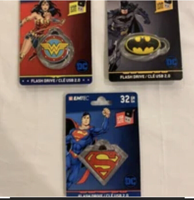 Lot of 3 Emtec 32GB USB Flash Drive DC Batman, Wonder Woman, Superman