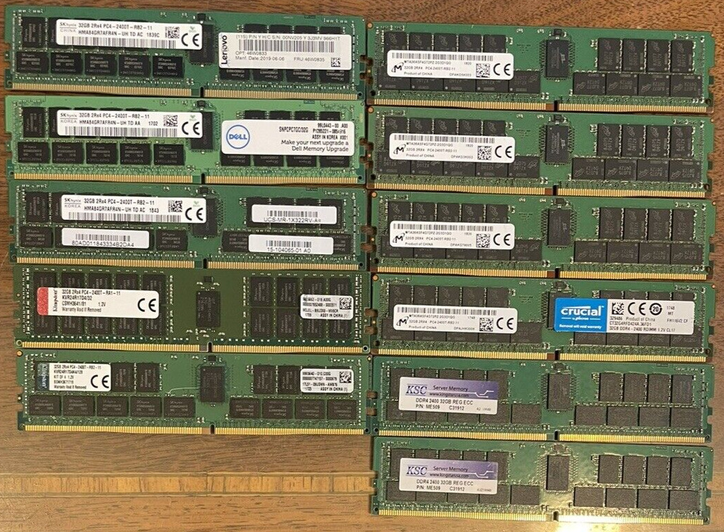 LOT OF 11 MIxed Brands 32GB 2RX4 PC4 2400T Registered ECC RAM - TESTED/WORKING