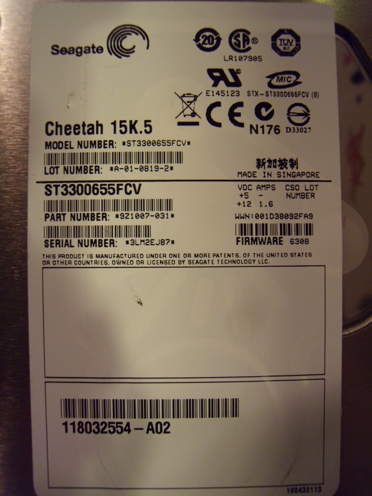Seagate Cheetah 300GB 15000 RPM Internal Hard Drive ST3300655FCV P/N: 9Z1007-031