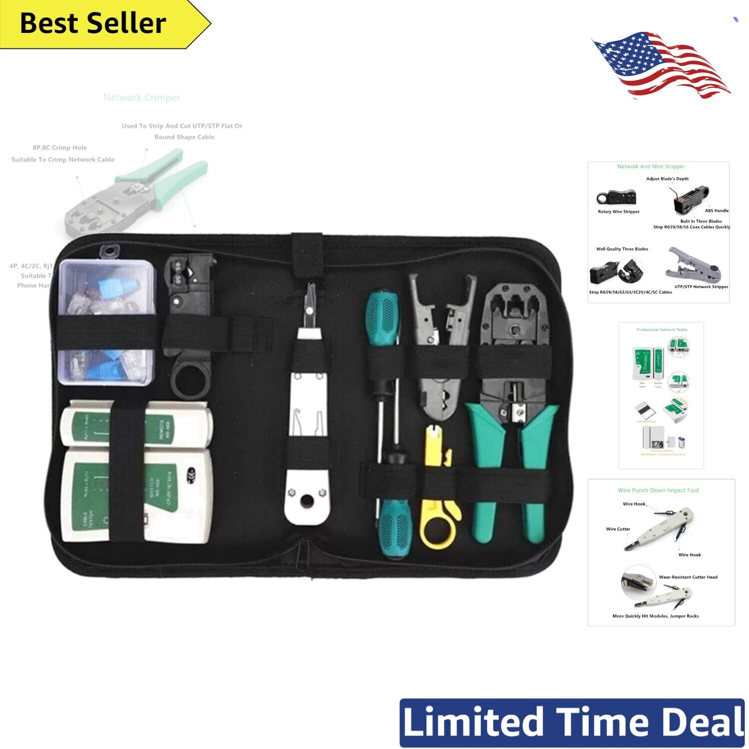 Complete Network Tool Kit - Ethernet Crimping Tool, Cable Tester, Wire Stripper