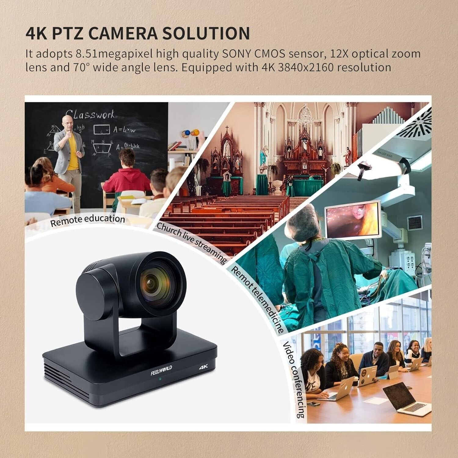 FEELWORLD 4K PTZ Camera Simultaneous 3G-SDI/HDMI/USB/IP POE 12X Optical Pan Tilt