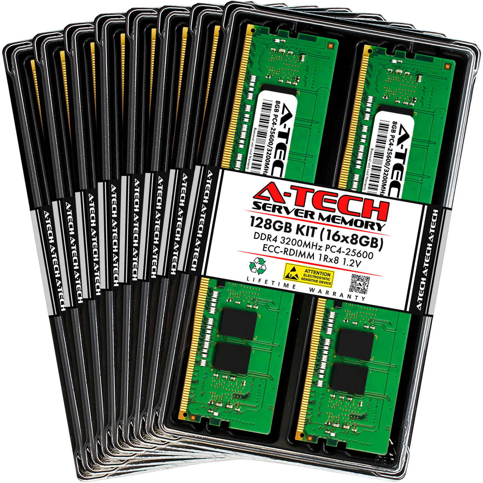 A-Tech 128GB 16x 8GB 1Rx8 PC4-25600R DDR4 3200 ECC REG RDIMM Server Memory RAM