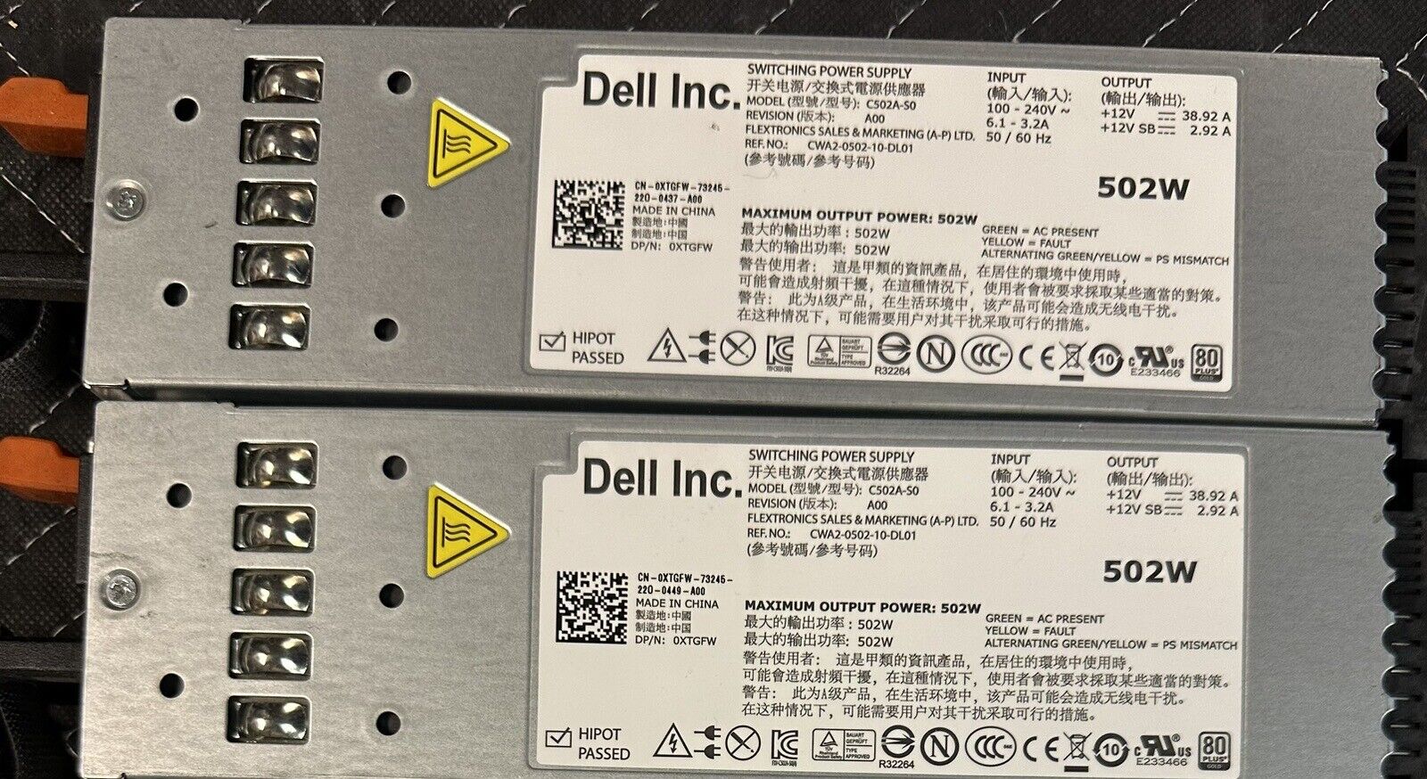 (Lot of 2) New Pull Dell 502 W Power Supplies PowerEdge R610 DP/N XTGFW C502A-S0