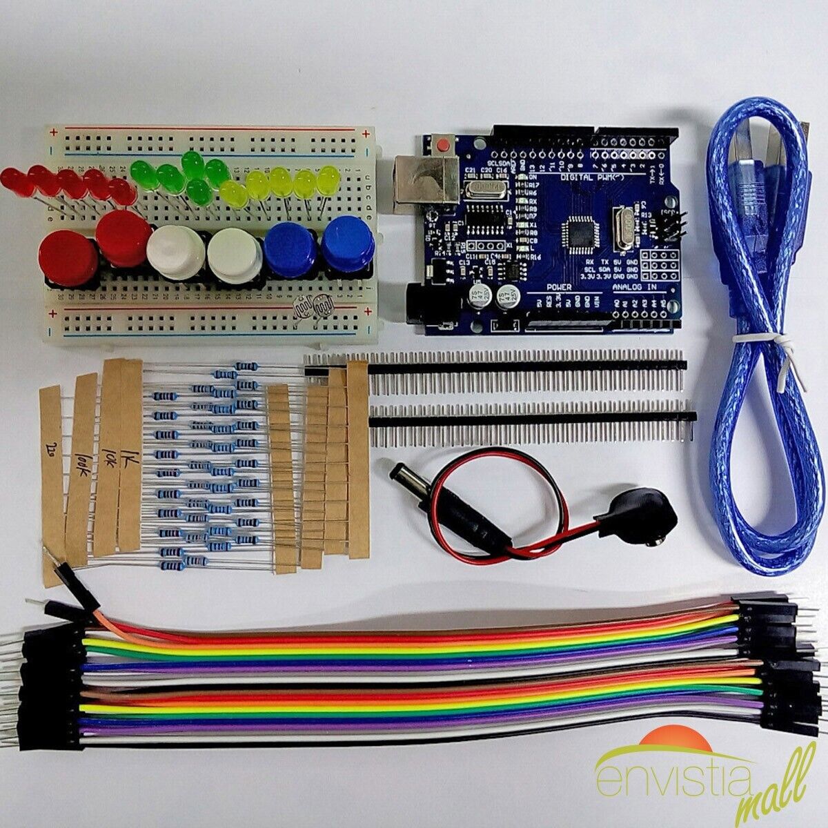 ATmega328P Starter Kit w/ LEDs Switches Resistors Cables Jumpers & Breadboard