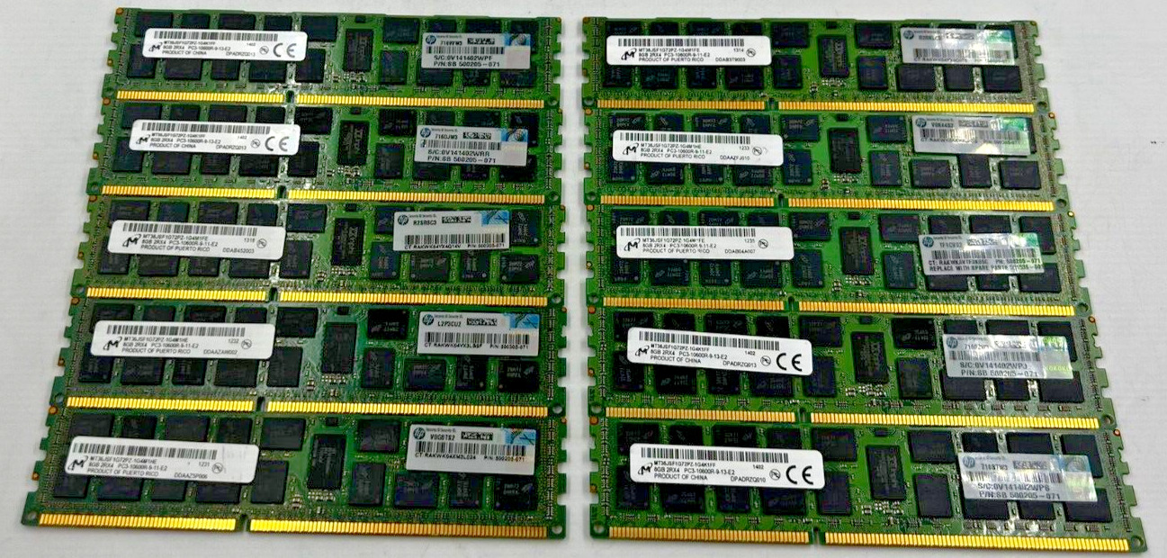 SERVER RAM - MICRON *LOT OF 10* 8GB 2Rx4 PC3 - 10600R MT36JSF1G72PZ-1G4M/ TESTED