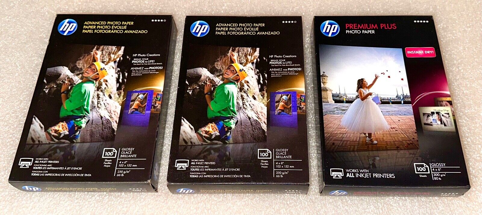 HP Photo Paper Bundle (2) Advanced (1) Premium Plus 4 x 6 (3) 100 Sheet Packs