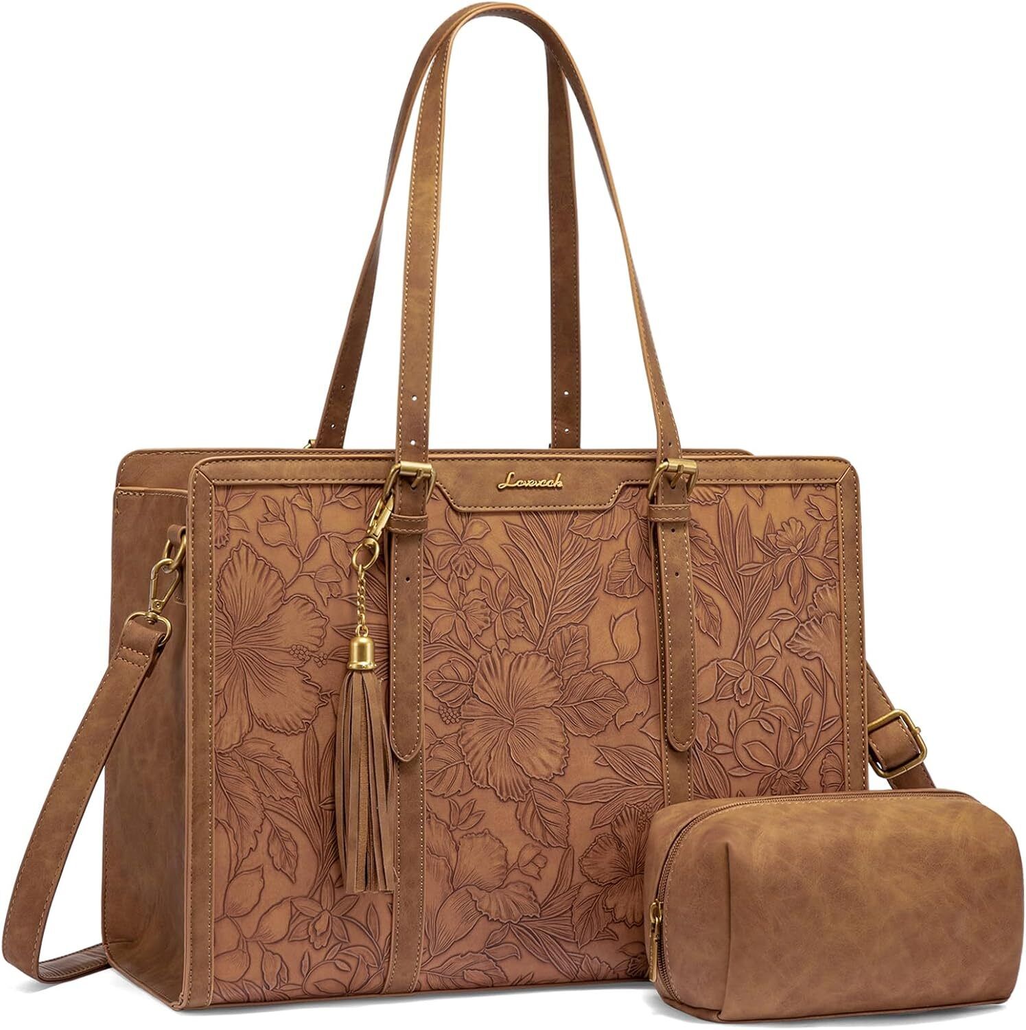 LOVEVOOK Laptop Bag for Women Vintage Leather Work 15.6 Inch, Brown Embossed 