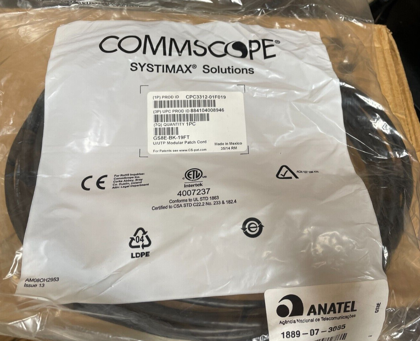CommScope Systimax Solutions Patch Cable Black  19ft U/UTP Modular Cord CAT New