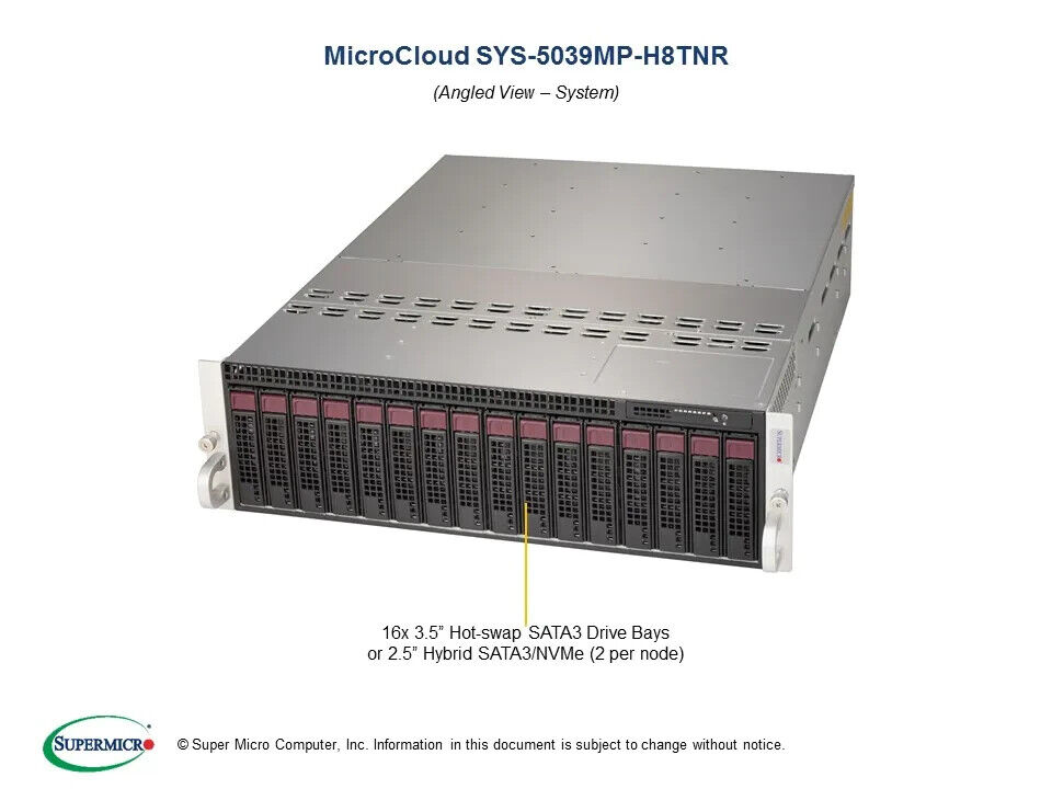 Supermicro SYS-5039MP-H8TNR MicroCloud Server 8-Node NEW IN STOCK 5 Yr Warranty