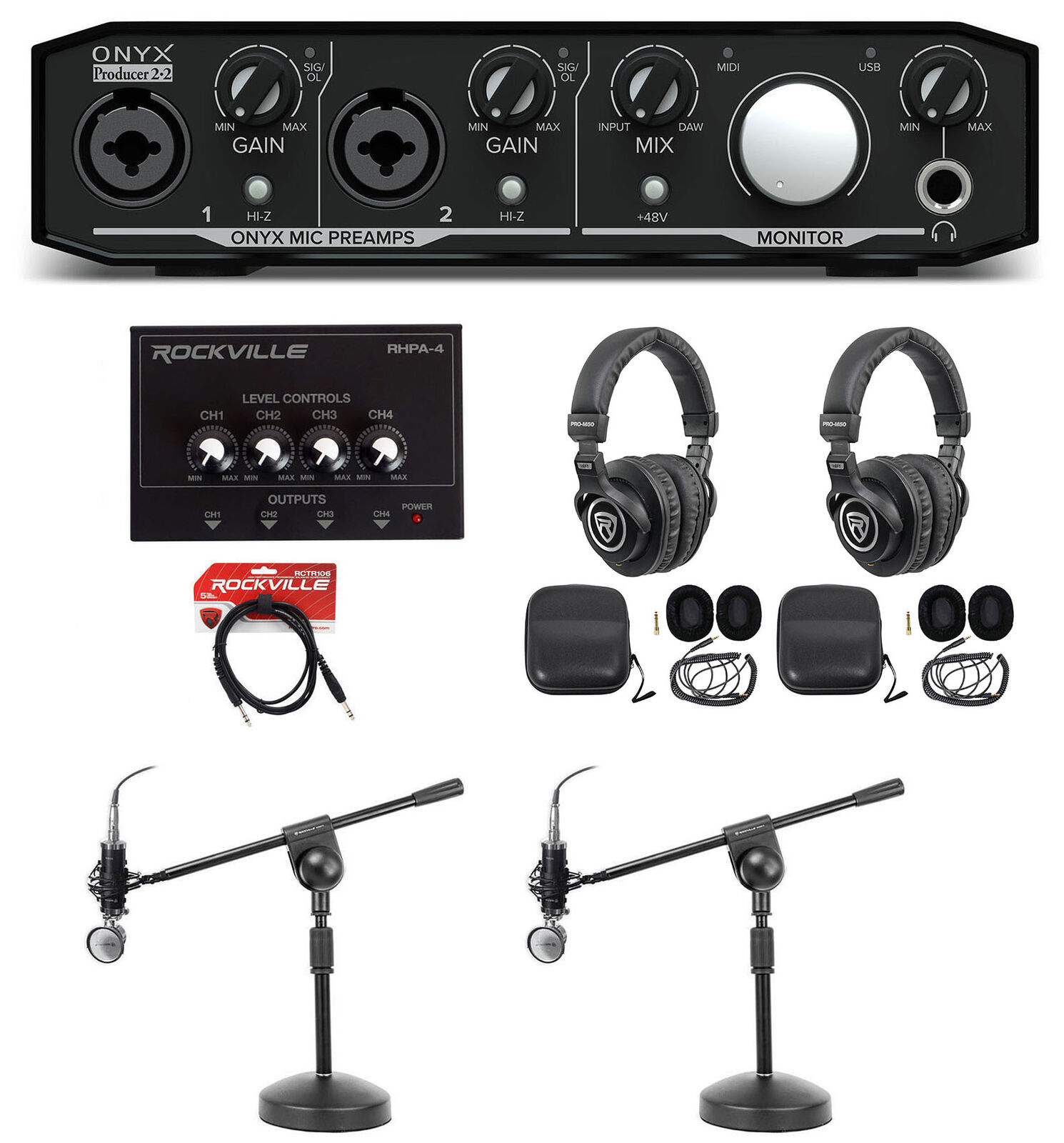 Mackie Podcast Podcasting Bundle w/ Interface+(2) Mics+(2) Headphones+Amp+Stands