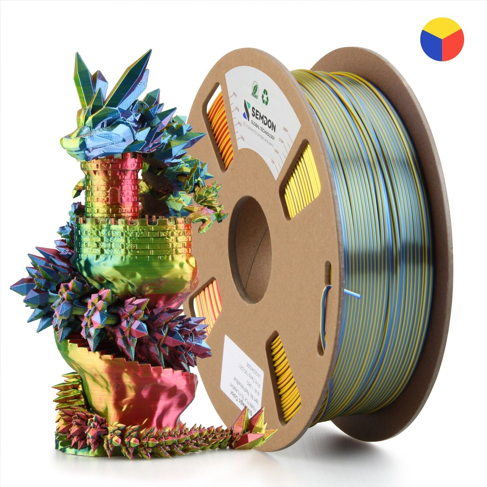 Semdon 3D Printer Filament Dargon PLA Silk TriColor Magic Spool 1.75mm 1KG Pure