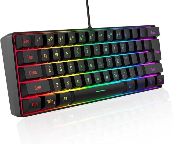 60% Wired Keyboard 61 Keys RGB Backlit Gaming Keyboard, Ergonomic Black