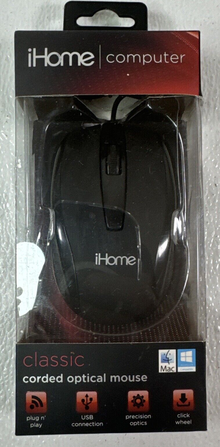 NEW iHome Computer Classic Corded Optical USB Wired Black Mouse # IH-M600B