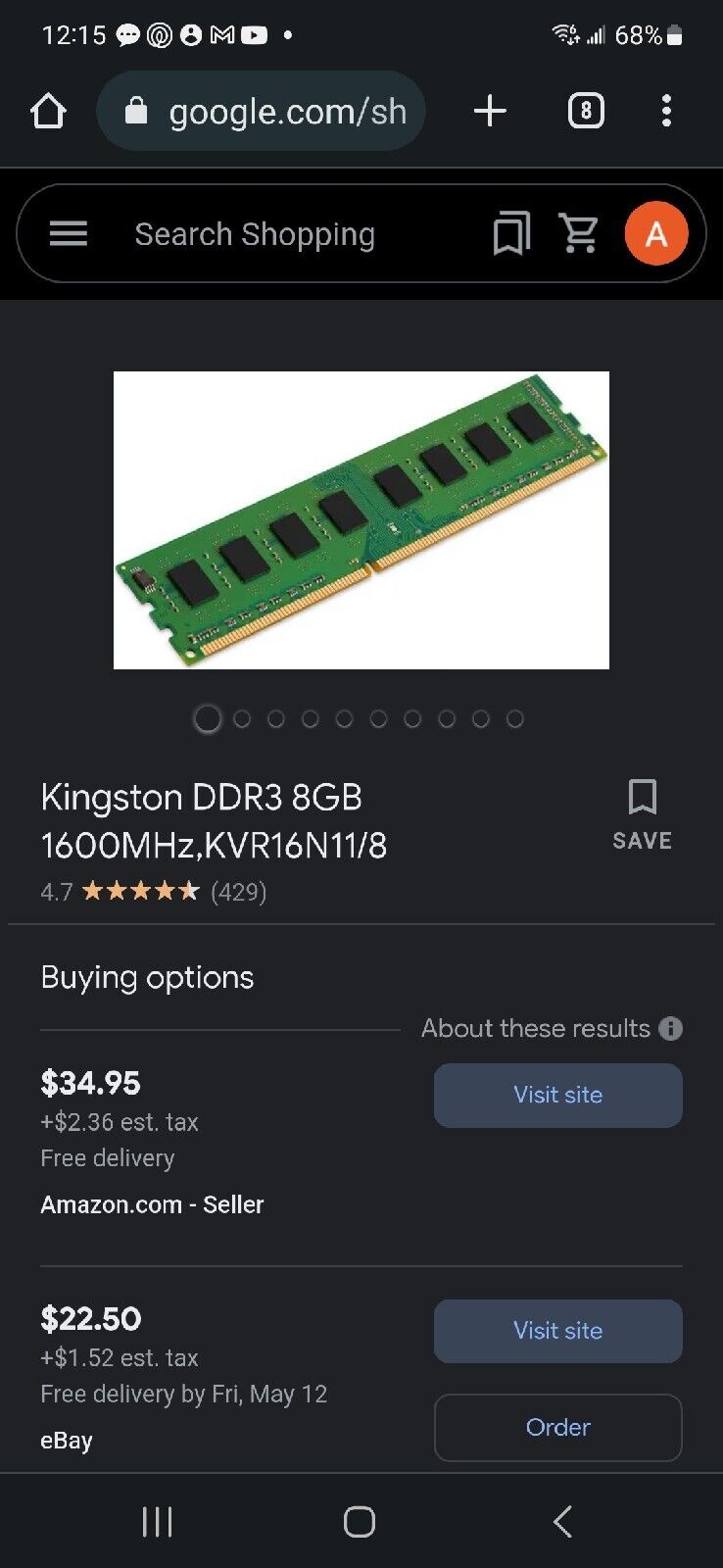 Kingston ValueRAM 8GB (1 x 8GB) PC3-12800 (DDR3-1600) Desktop Memory (KVR16N118)