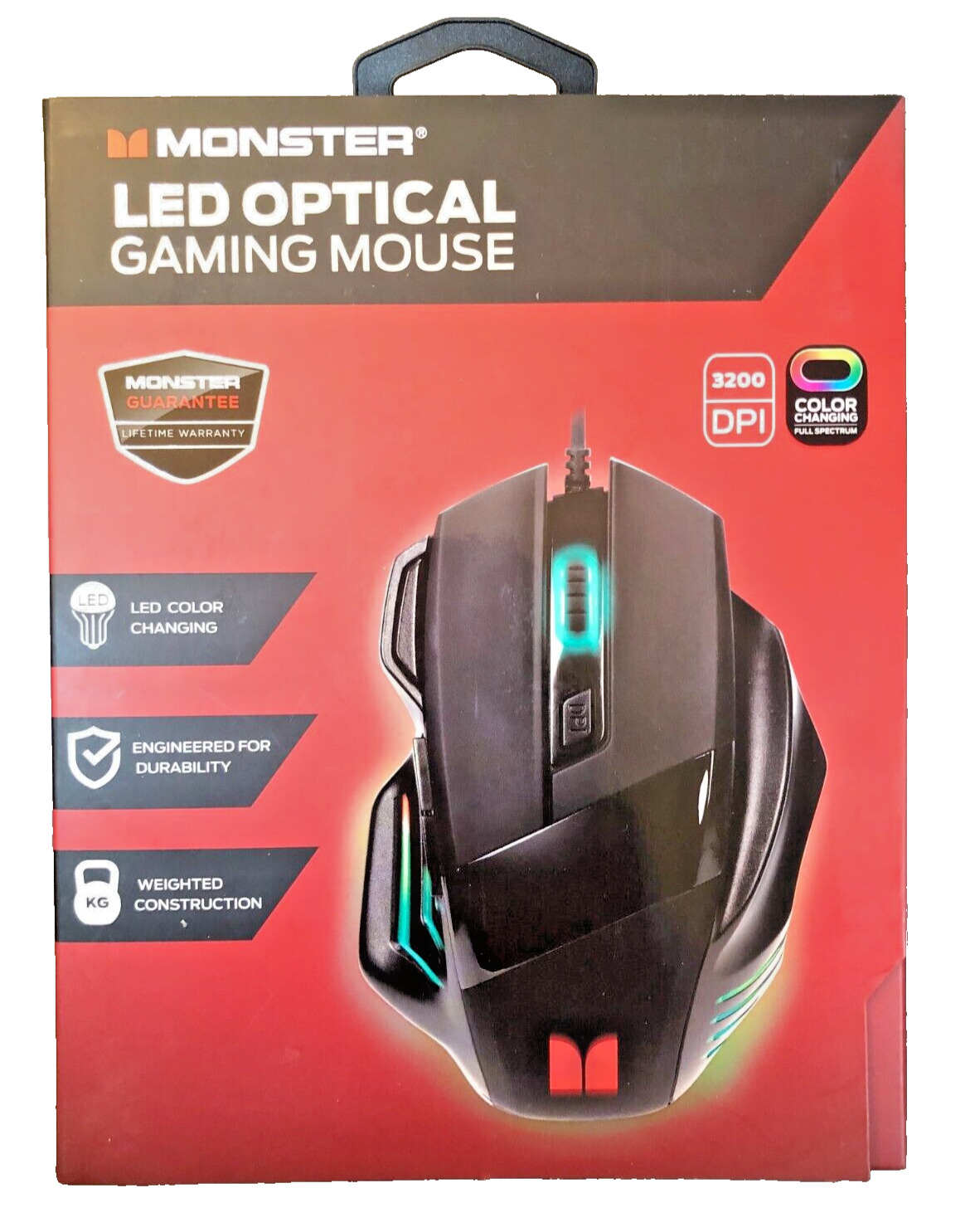 Monster LED Optical Video Gaming Mouse Black, Adjustable 3200DPI, Color Changing