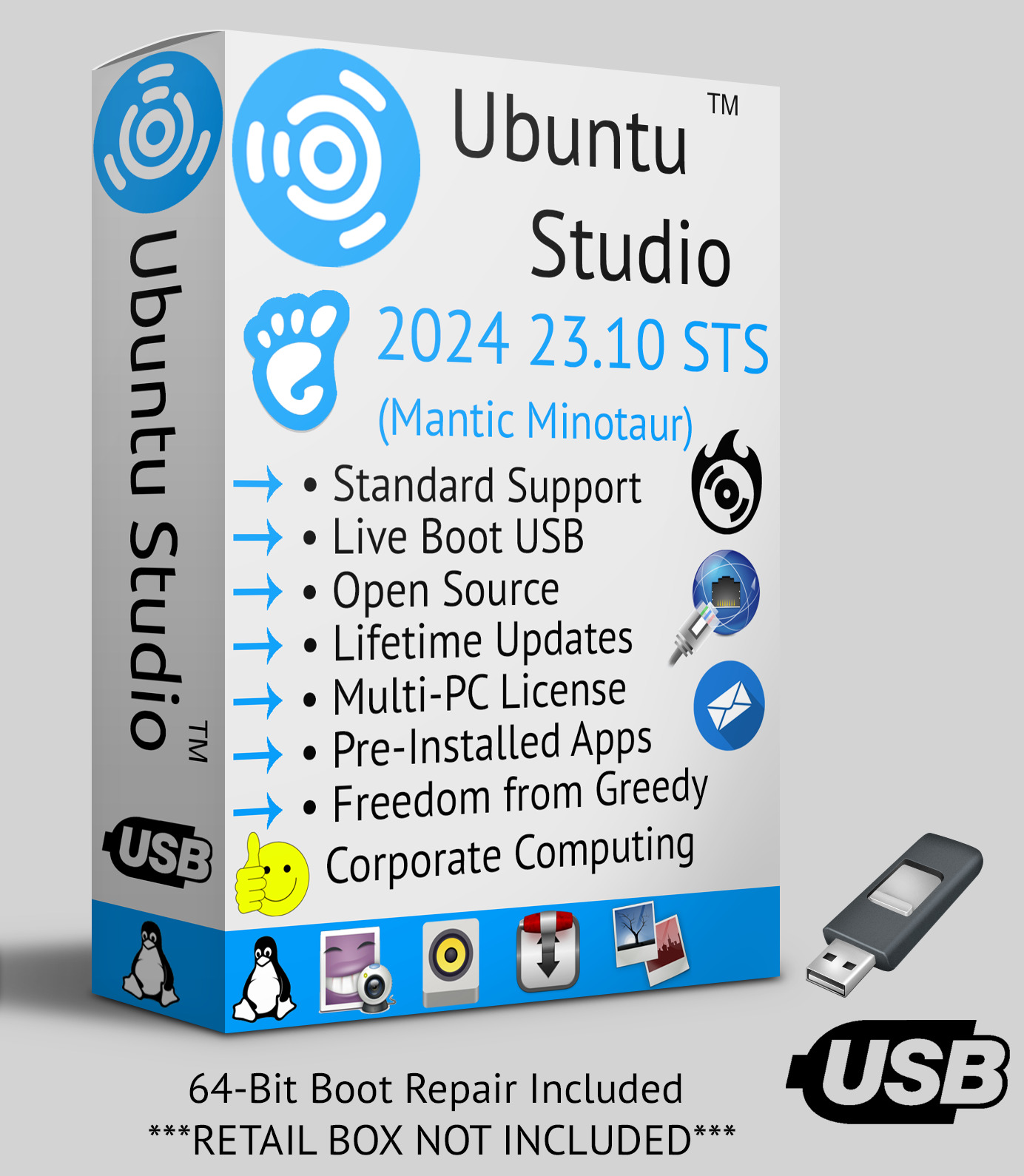 Ubuntu Studio 23.10 Std. Support Linux Multimedia Suite DVD or USB Live Boot OS
