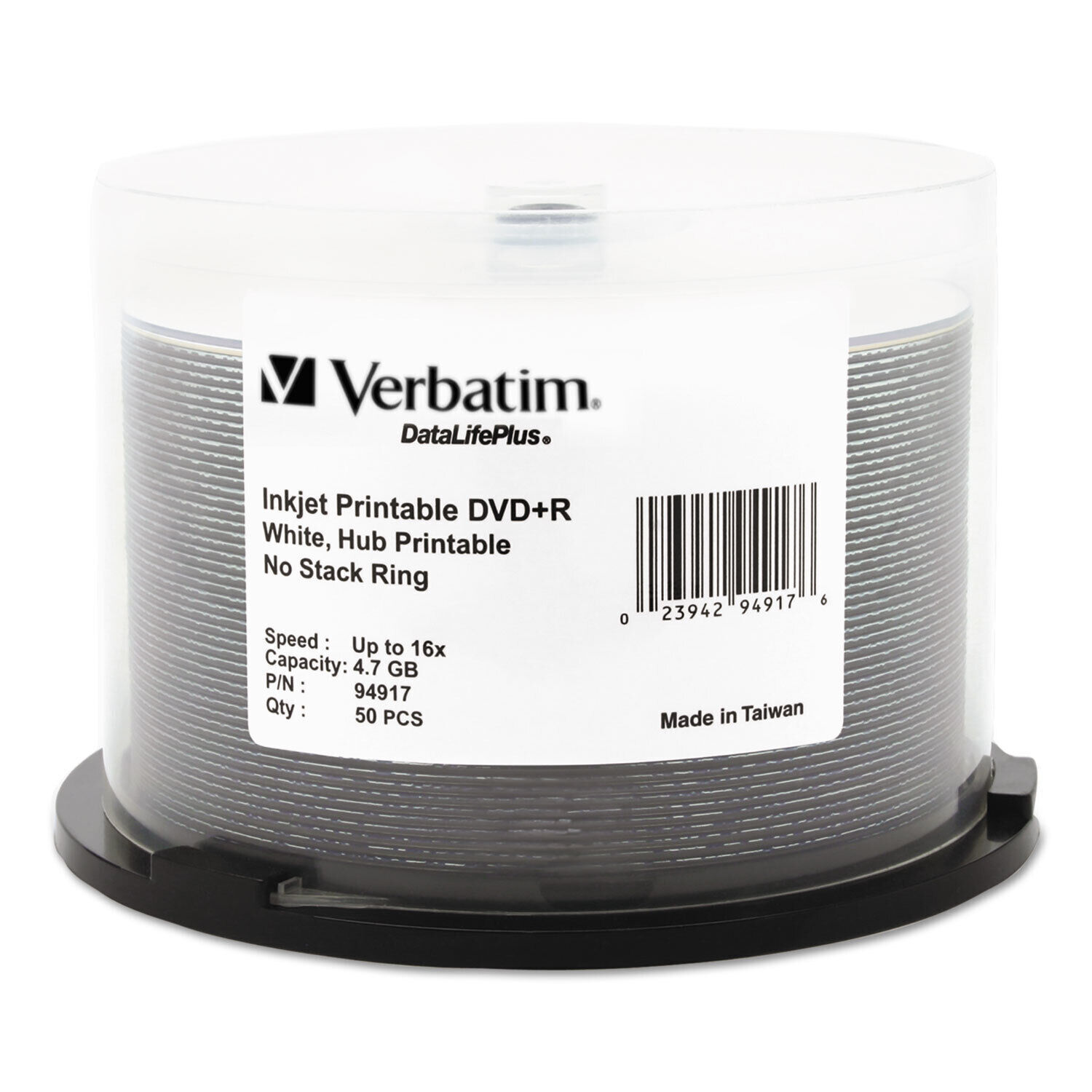 Verbatim Inkjet Printable DVD+R Discs 4.7GB 16x Spindle White 50/Pack 94917