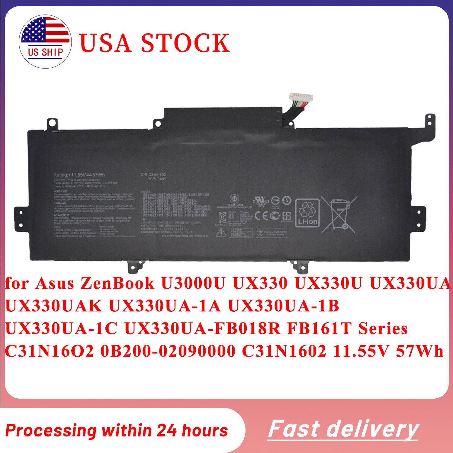 C31N1602 Battery for Asus ZenBook U3000U UX330 UX330U UX330UA UX330UA-1A 57Wh