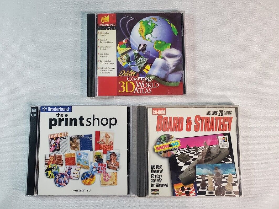 Lot of 3 Vintage PC CD-ROM Software Print Shop, 3D World Atlas, Board & Strategy