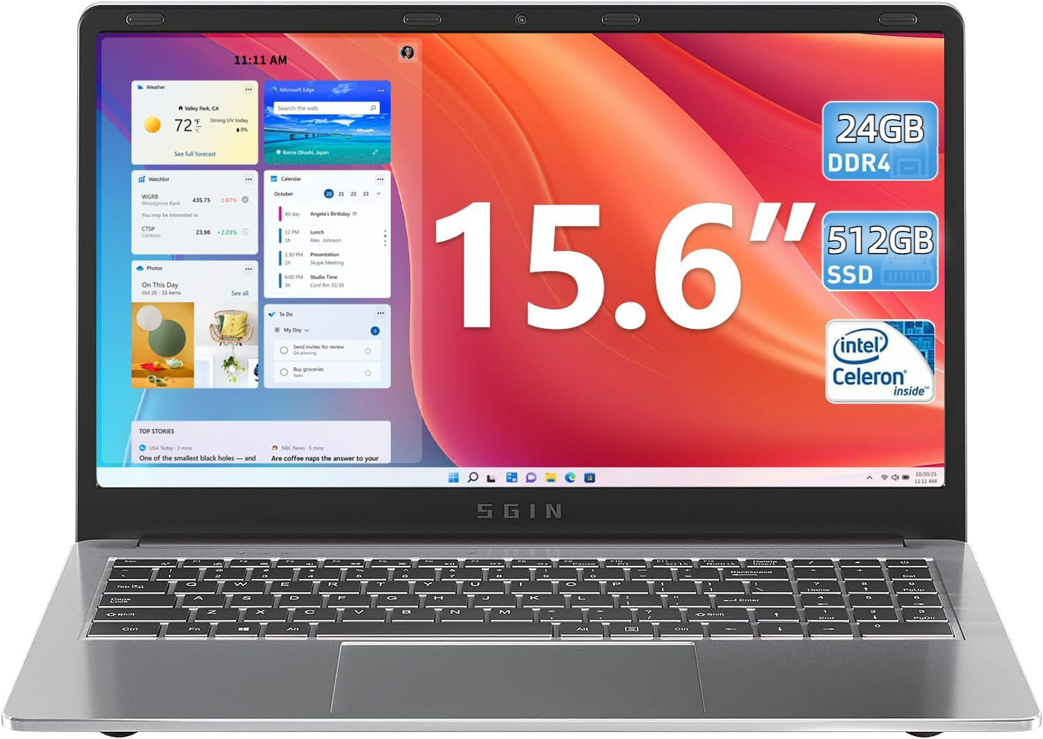 SGIN 15 '' Laptop 24GB DDR4 512GB SSD Computer with Intel Celeron N5095 2.9GHz