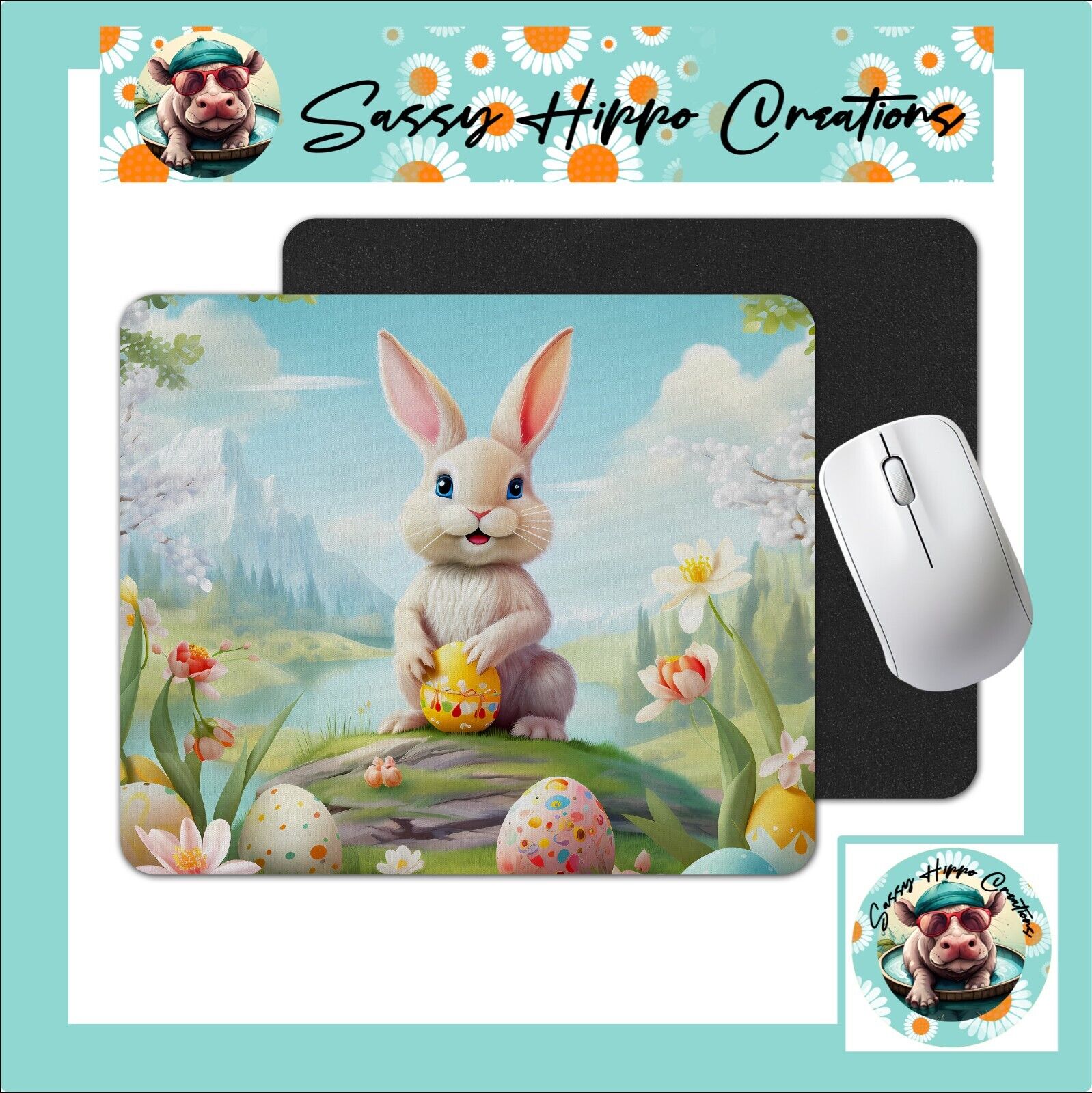 Mouse Pad Easter Bunny Eggs Spring Flowers Anti Slip Back Easy Clean Sublimated