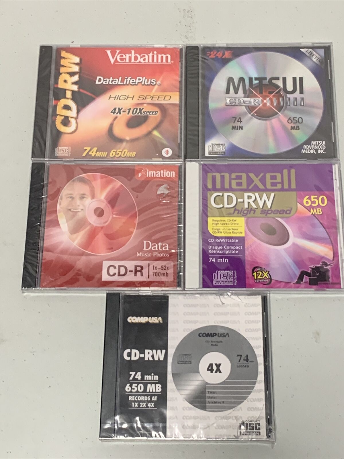 Mixed Lot Of 5 CD-RW CD-R Maxell Verbatim CompUSA Mitsui Imation BRAND NEW