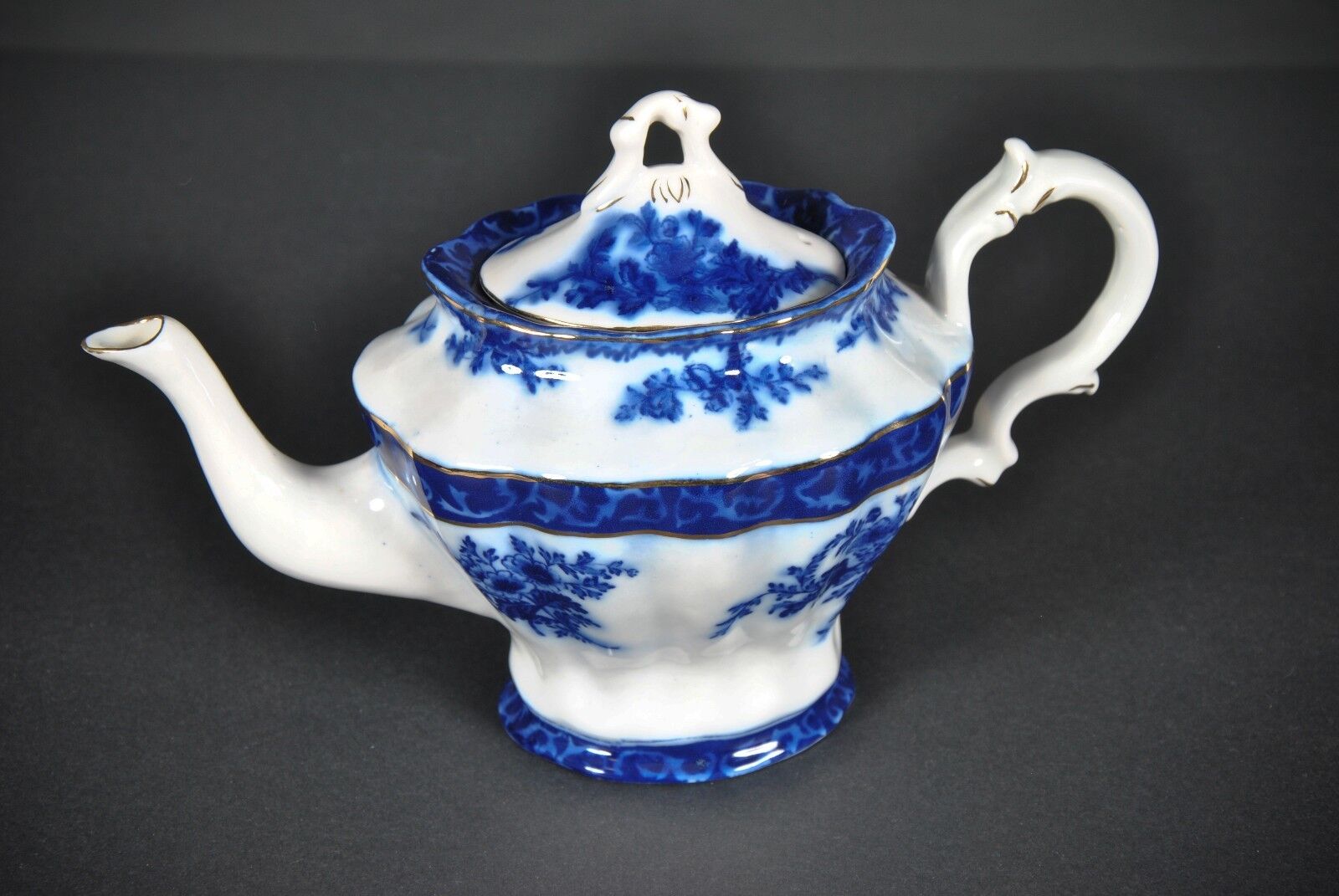 FB072, Flow Blue Tea Pot, Reproduction Flow Blue Tea Pot