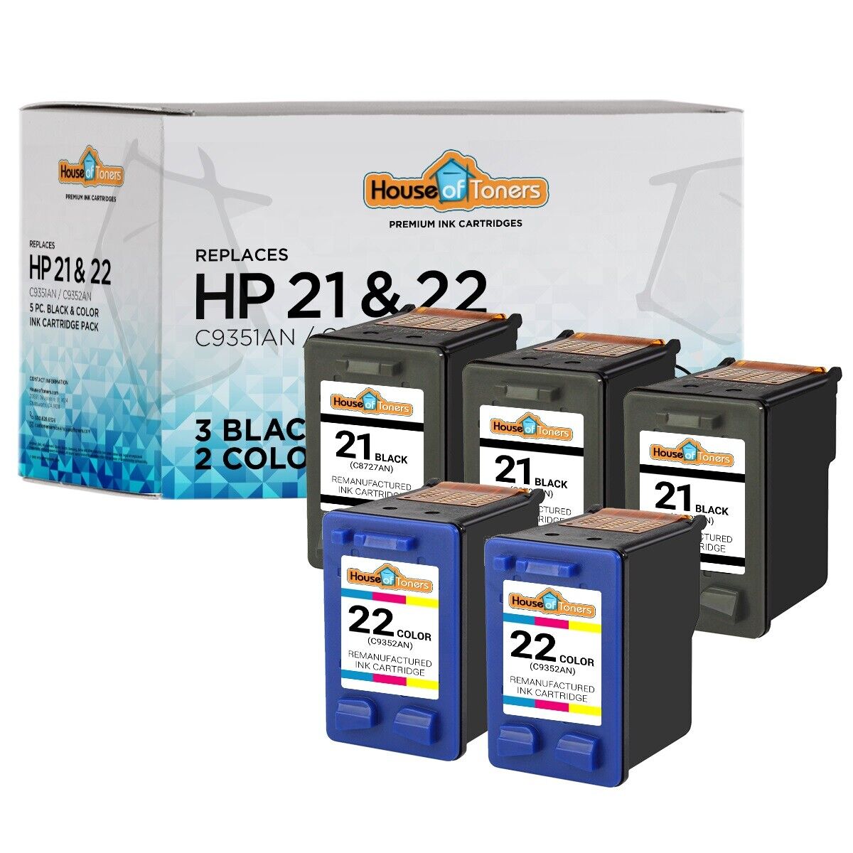 5PK for HP 21 & HP 22 3-BLACK & 2-COLOR C9351AN C9352AN SC 1410 D1360 D2460