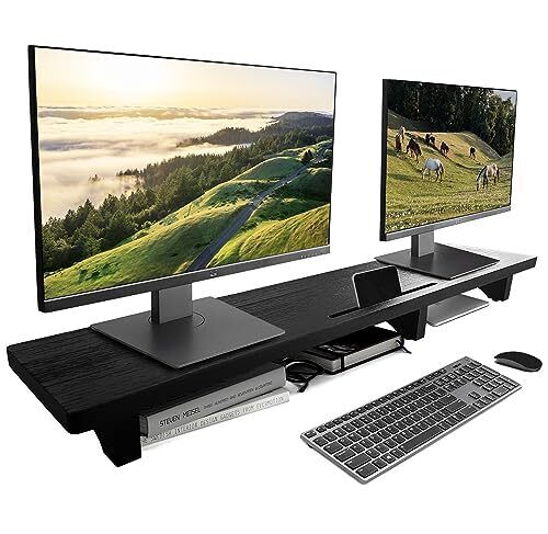 HCJ Large Dual Monitor Stand Riser, Solid Wood Desk Shelf with Wood Legs for ...