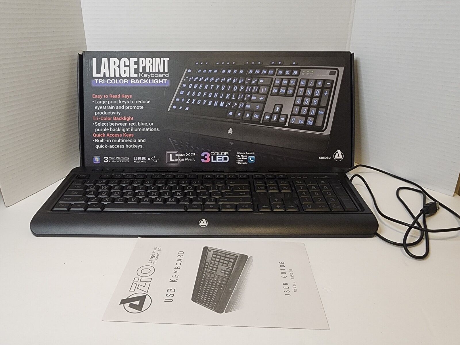 Azio KB505U Vision Large Print Backlit Wired Keyboard - Black New Box Damage