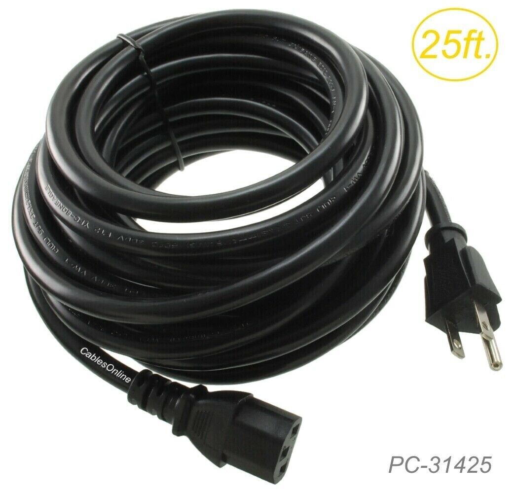 25ft AC Power 14 Gauge IEC C13 to NEMA5-15p 3-Conductor PC Power Cable / Cord