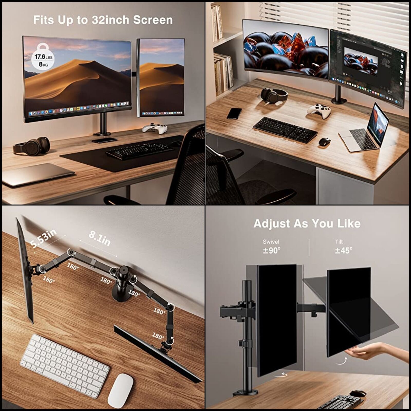 Monitor Dual Mount Ergear Desk Arm Adjustable Fully Computer Stand up to 32 inch