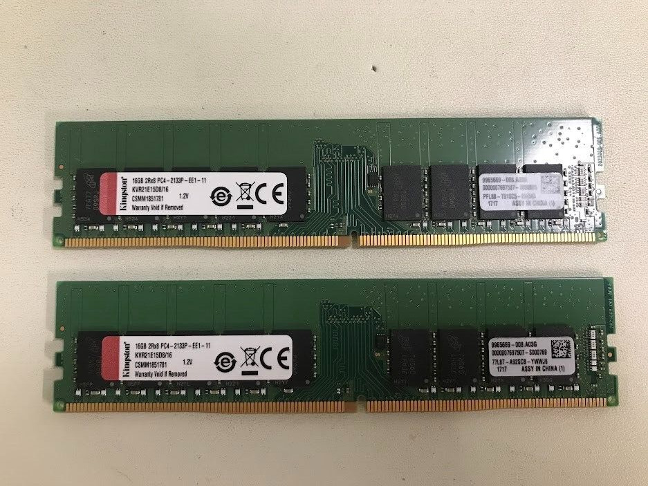 Lot of 2 Kingston ECC Unbuffered RAM 16GB DDR4 2133MHZ KVR21E15D8/16 DIMM