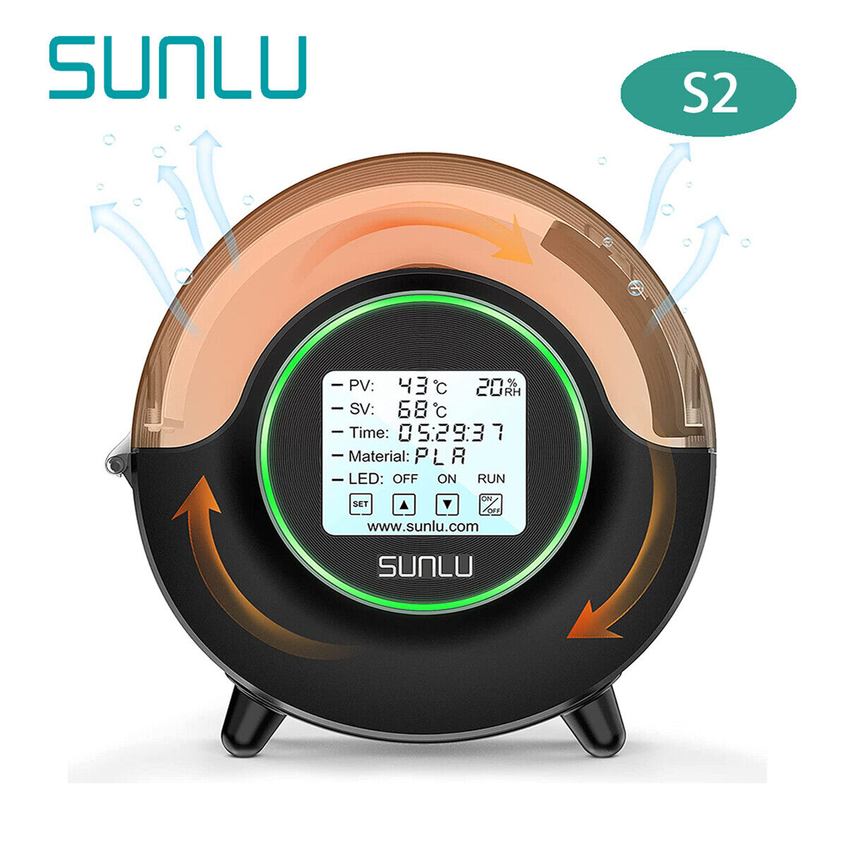 SUNLU Upgraded Dryer Box S2 With Fan,Black,360° Heating Around,Filament Holder