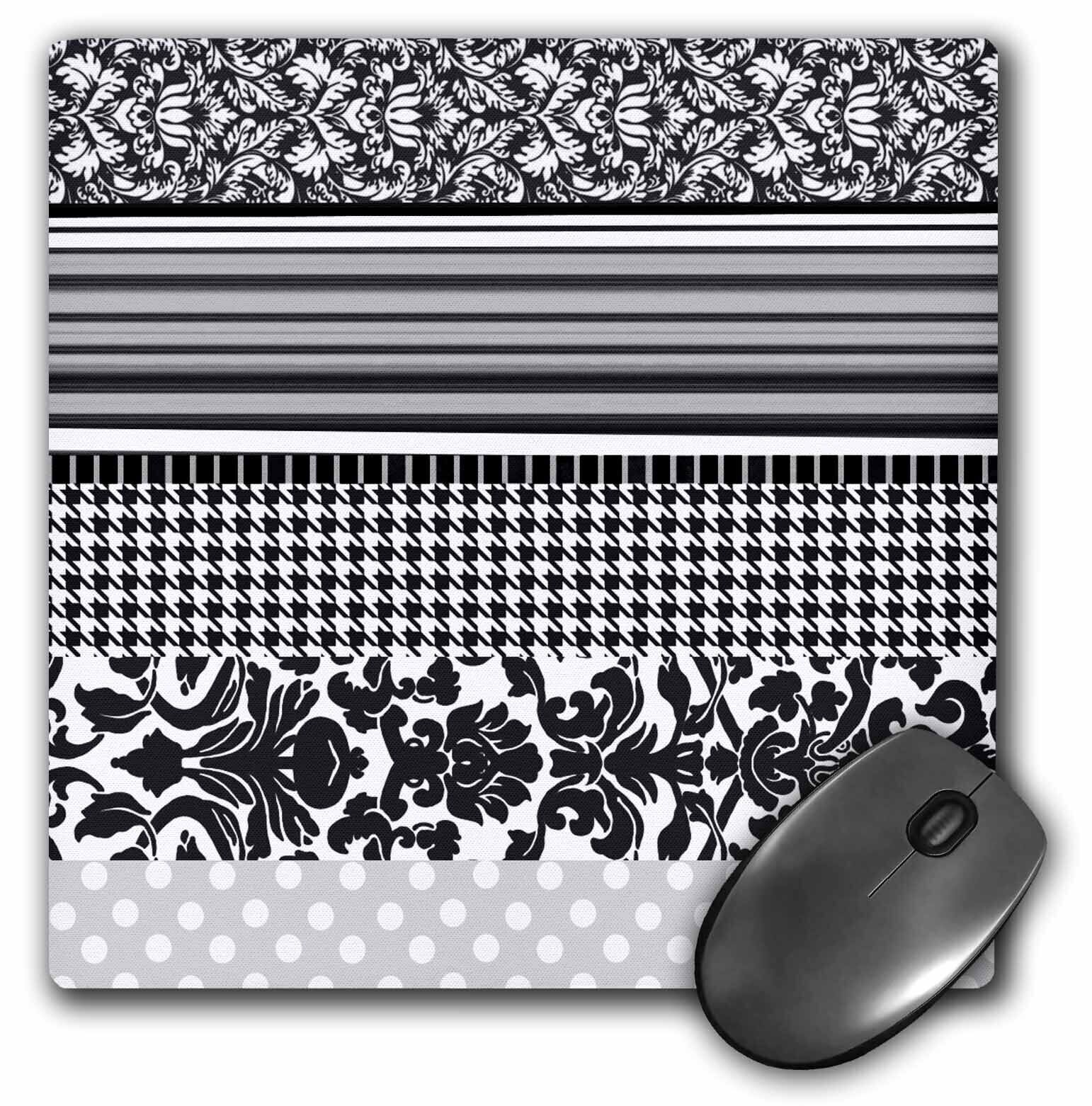 3dRose Black and white stylish pattern with damask houndstooth stripes and polka