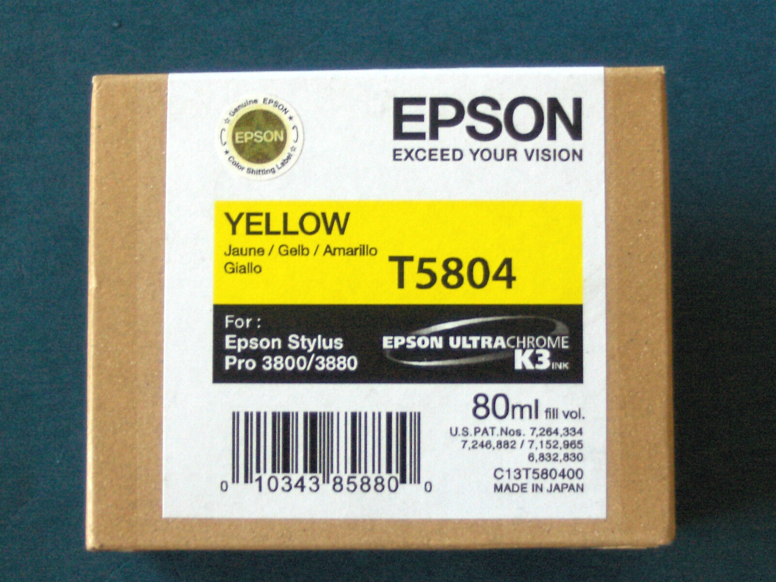 New in Box Exp 02-2024 Genuine Epson Pro 3800 3880 Yellow K3 Ink T5804 T580400