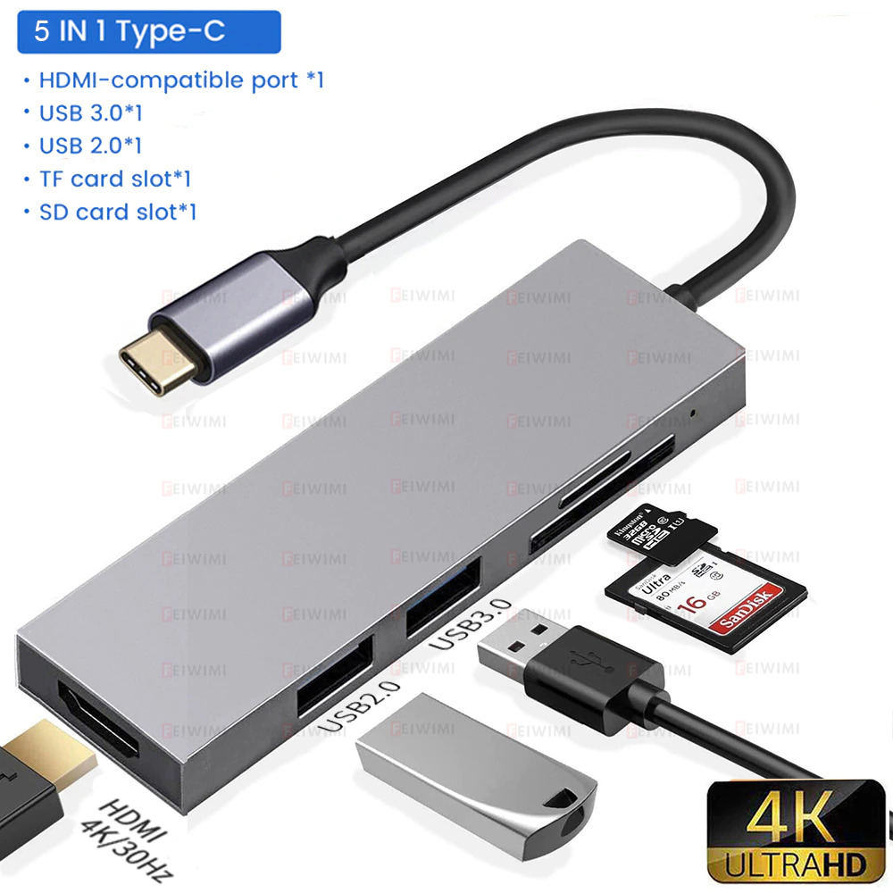5-in-1 Thunderbolt 3 MacBook Windows Type-C Hub Docking Station HDMI 4K SD Card