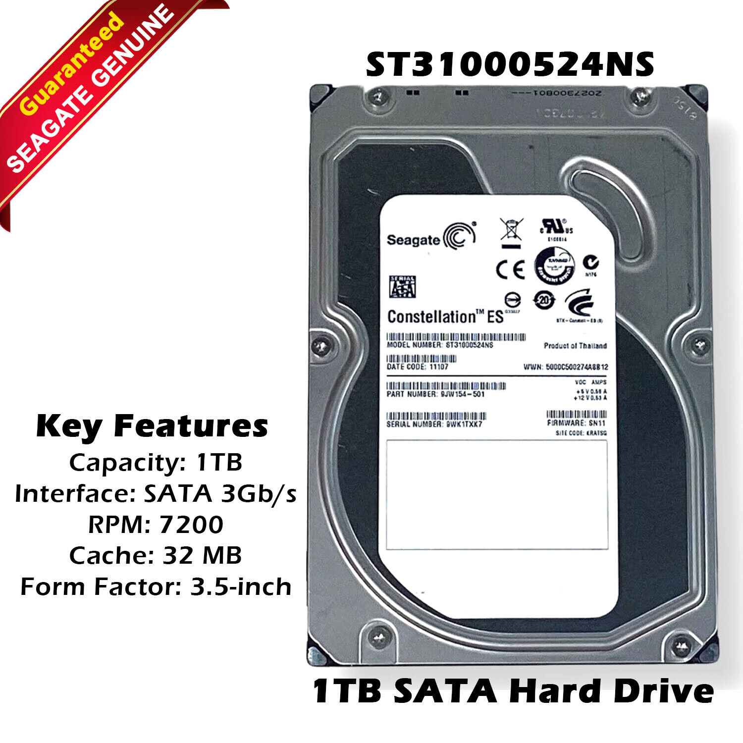 Seagate Constellation ES ST31000524NS 1TB 7200RPM SATA Hard Disk Drive