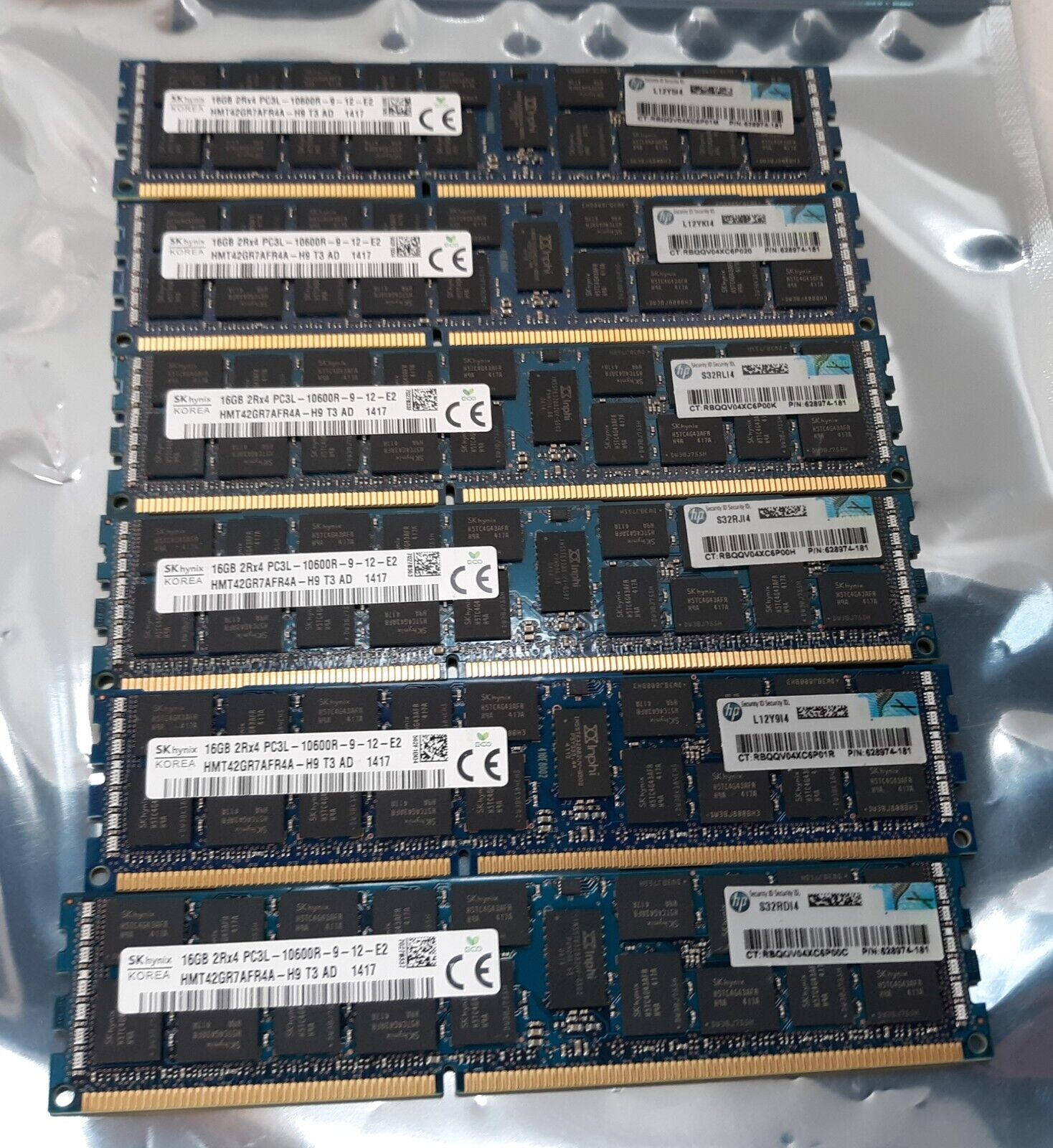 Lot of 6 SK Hynix 16GB 2Rx4 PC3L-10600R HMT42GR7AFR4A Memory RAM w/ HP Sticker