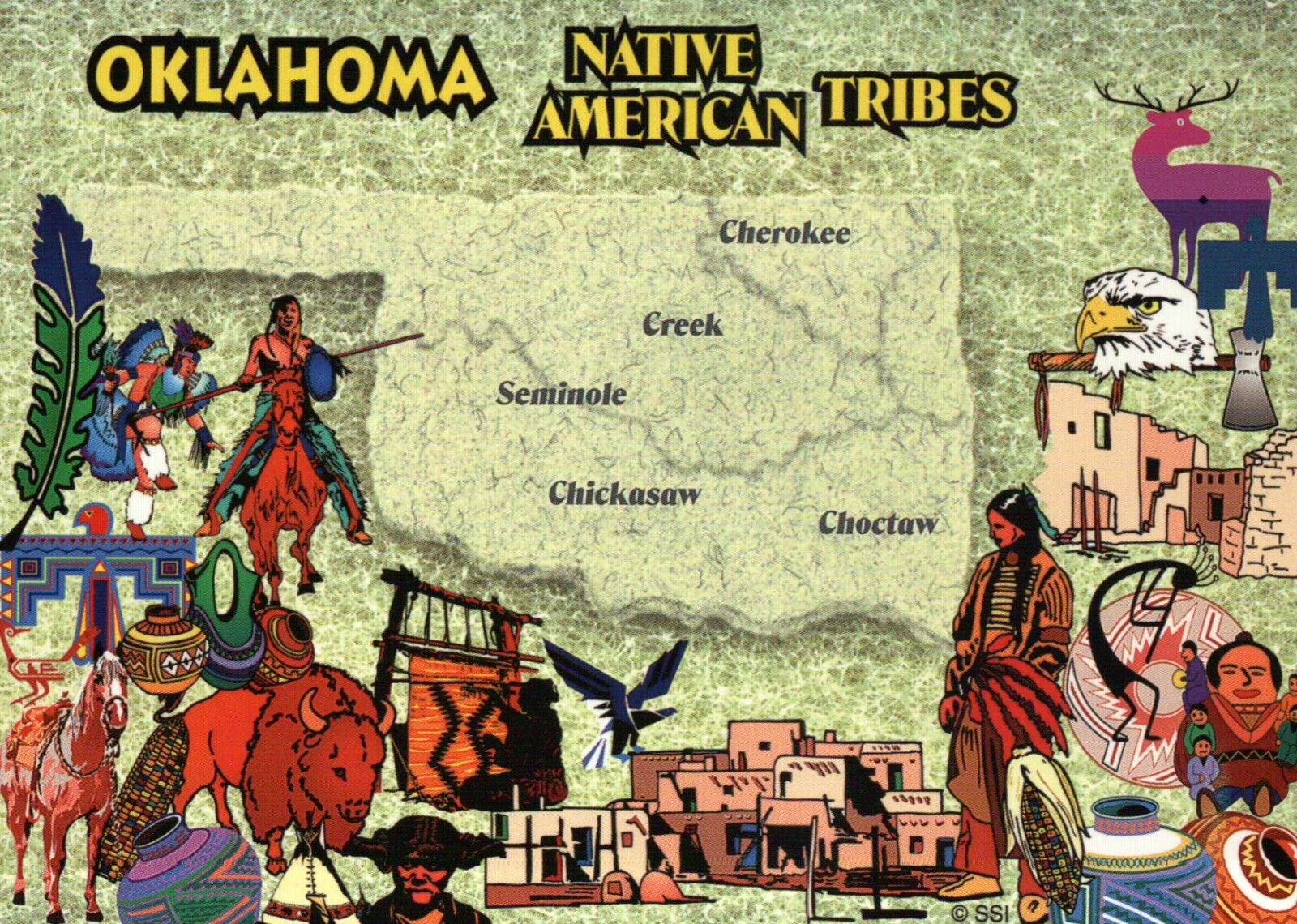 Oklahoma Native American Indian Tribes, Cherokee Seminole etc State Map Postcard